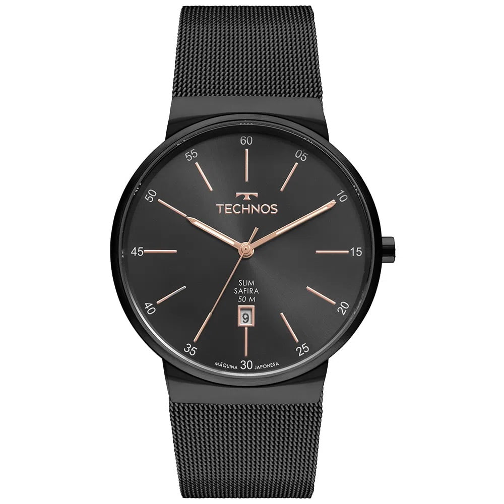 Relógio Technos Slim Preto Vidro Safira com Calendário Pulseira Milanesa Maquinário Japonês Aço Inoxidável Á Prova d'água GM12AG/1P