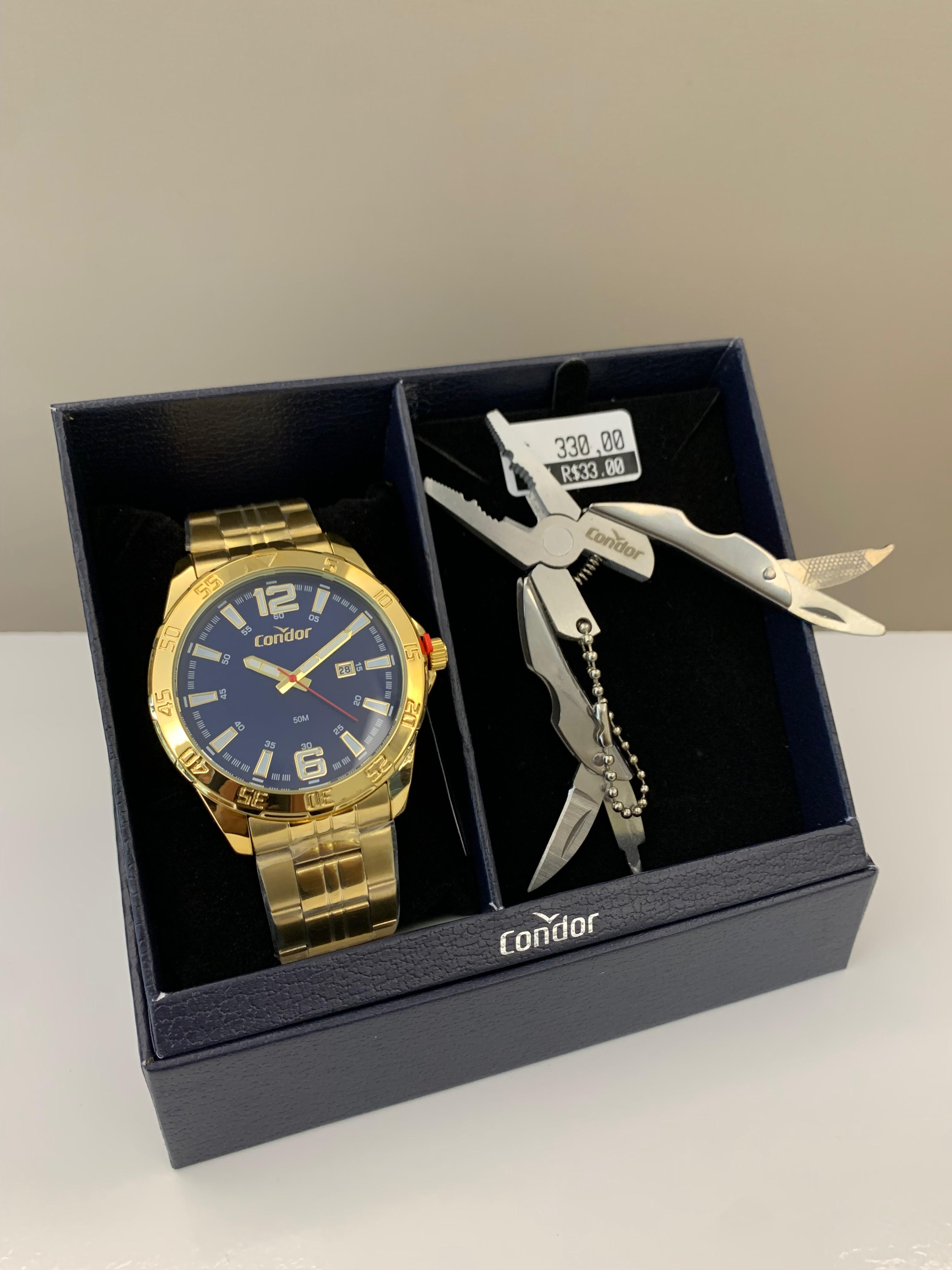 Kit Relógio Condor Masculino Dourado Mostrador Azul com Calendário Á Prova D'água CO2115NCG/K4A