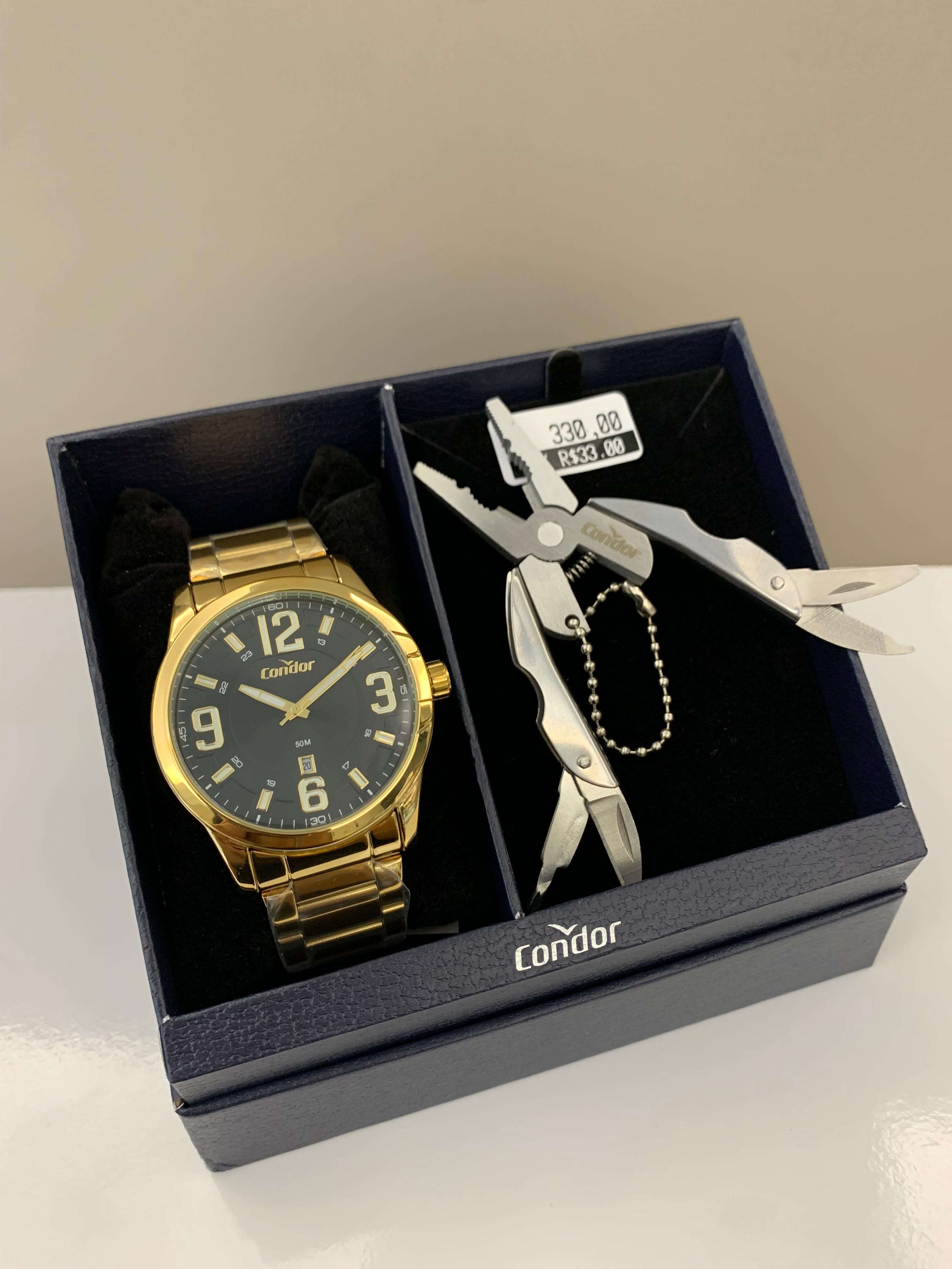 Kit Relógio Condor Masculino Dourado Mostrador Preto com Calendário Á Prova D'água CO2117AM/K4P