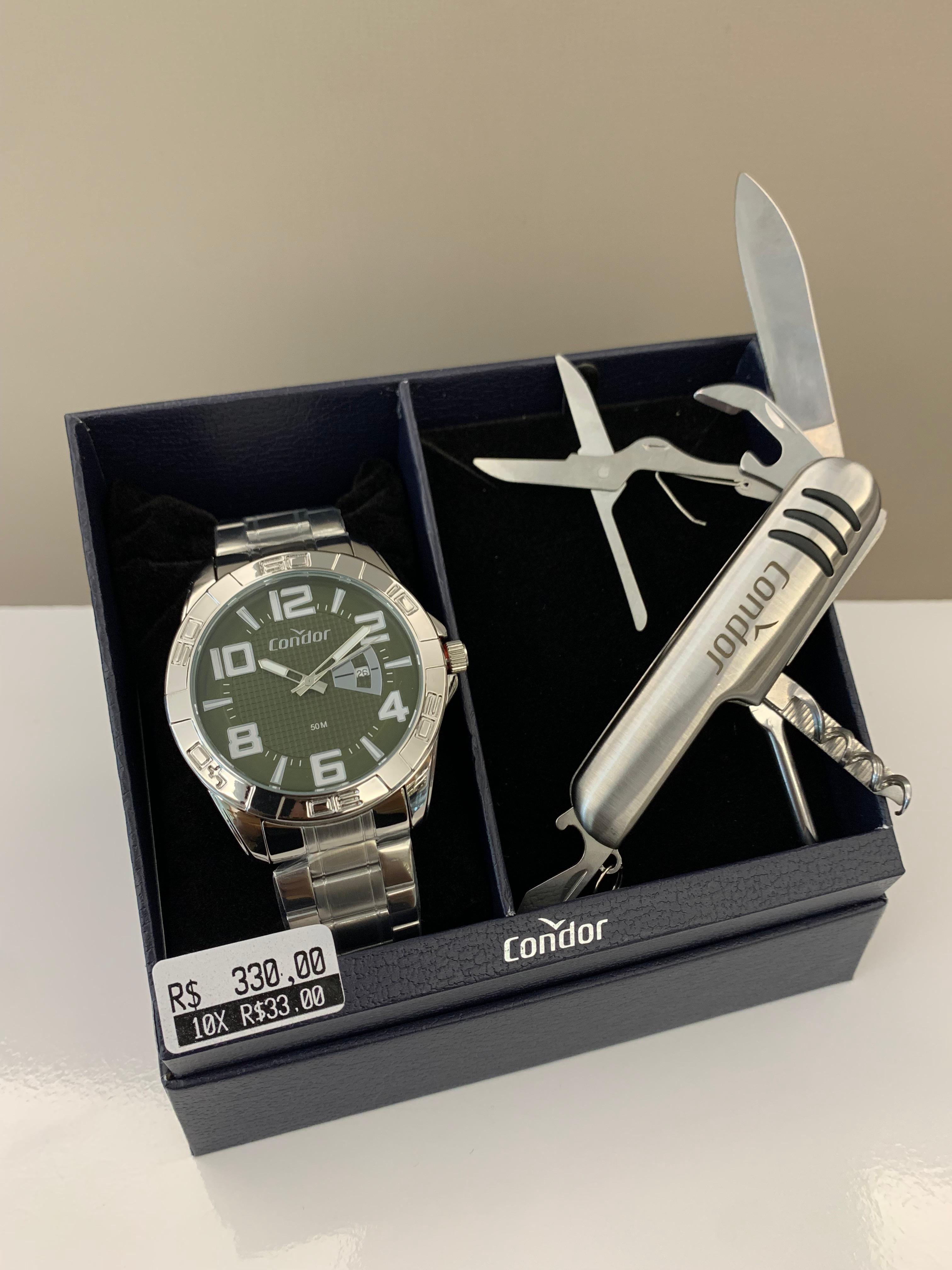 Kit Relógio Condor Masculino Prateado Mostrador Verde com Calendário Á Prova D'água CO2117AW/K4V