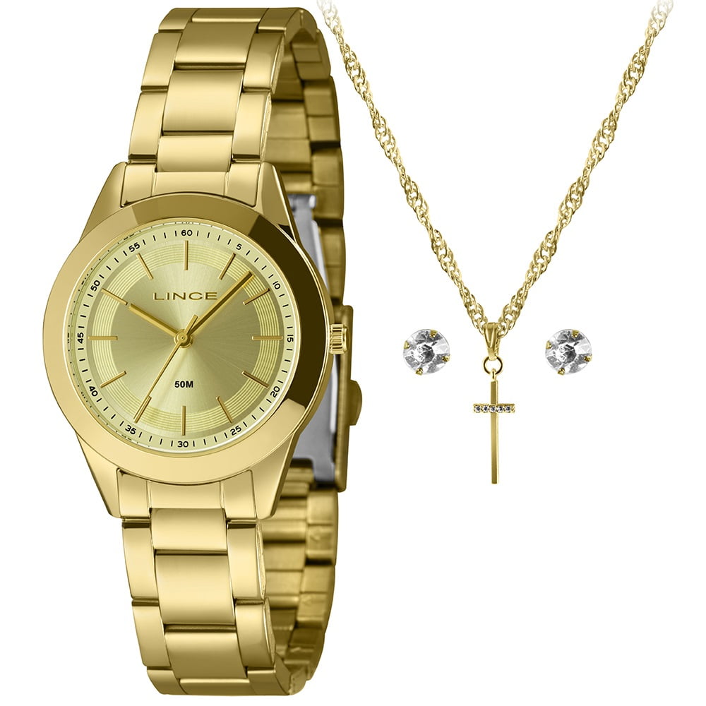 Kit Relógio Lince Feminino Dourado com Visor Champanhe Minimalista Á Prova d'água LRG4745L34