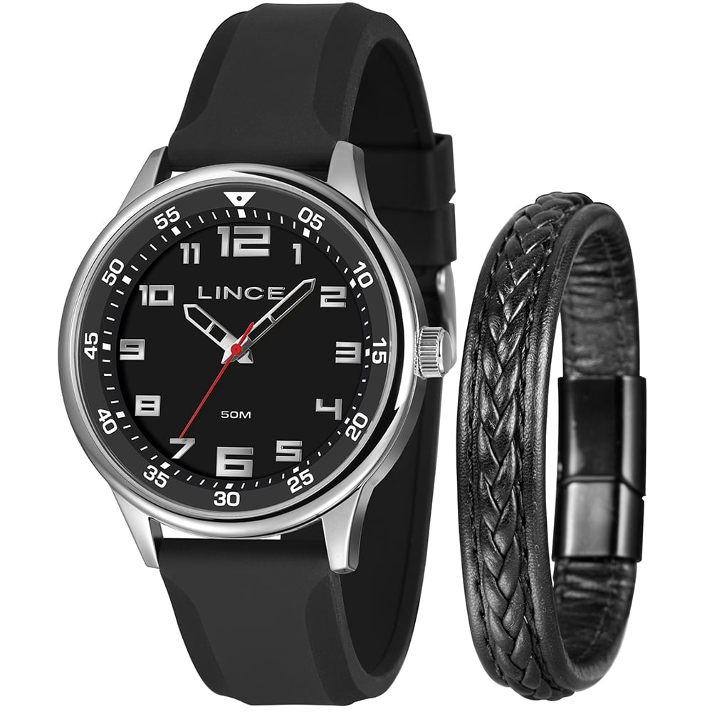 Kit Relógio Lince Masculino Prateado Todo Numerado Visor Preto com Taquímetro Pulseira em Silicone Á Prova D'água MRPM001L46