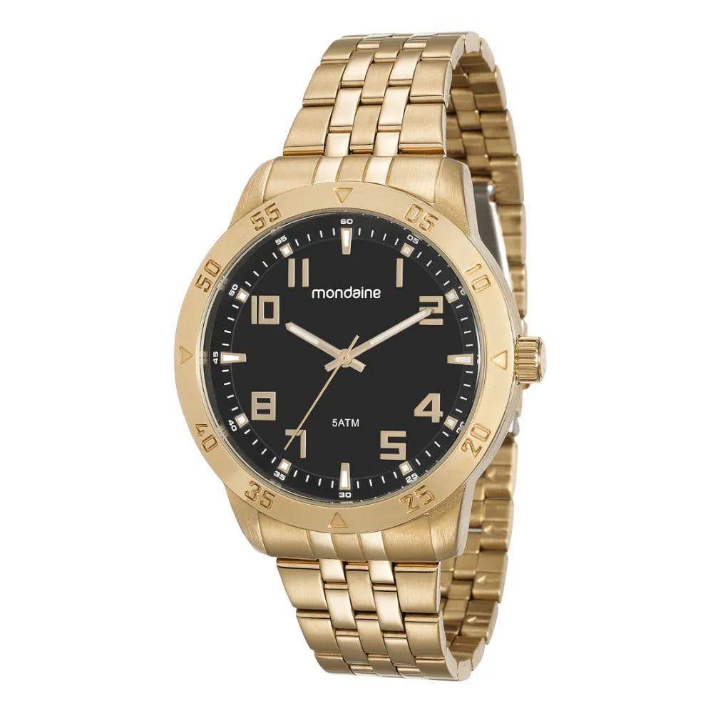 kit Relógio Mondaine Masculino Dourado com Visor Preto Á Prova d'água 99190GPMVDE2