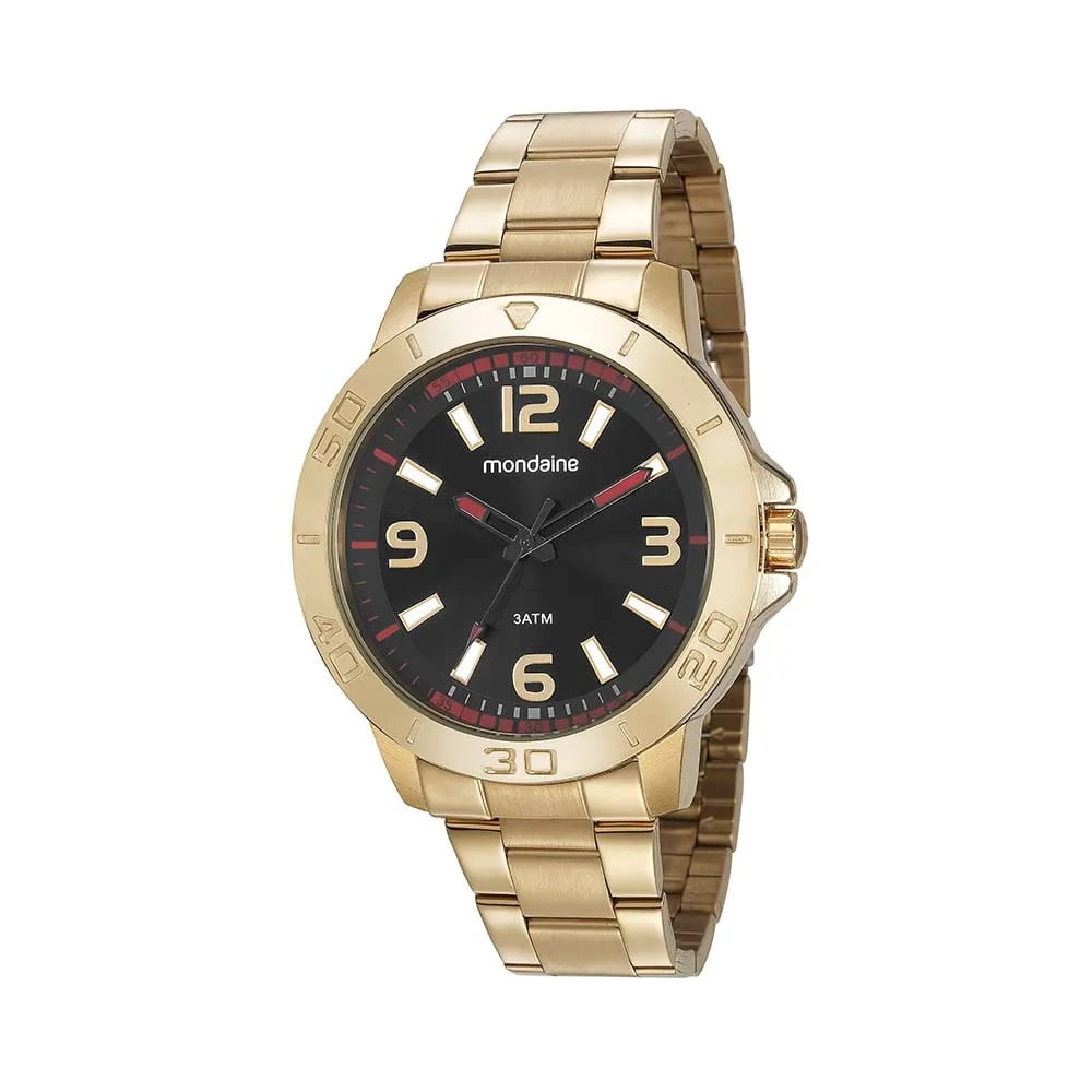 Kit Relógio Mondaine Masculino Dourado Visor Preto Á Prova d'água 99351GPMVDE2