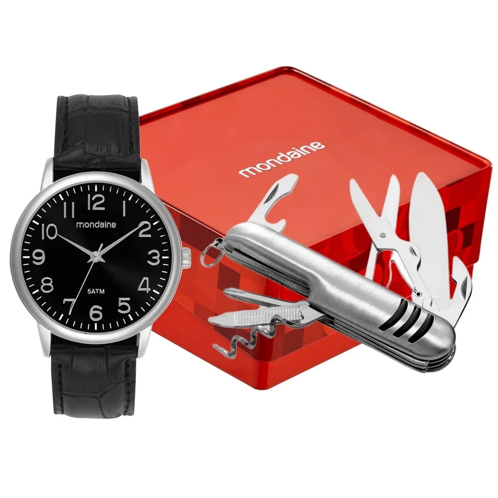 Kit Relógio Mondaine Masculino Prateado Visor Preto Numeração Completa com Pulseira em Couro Preta Á Prova D'água 99835G0MVNH3