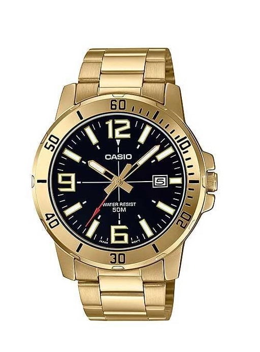 Relógio Casio Masculino Dourado Visor Preto com Calendário e Taquímetro Á Prova d'água MTP-VD01G-1BVUDF