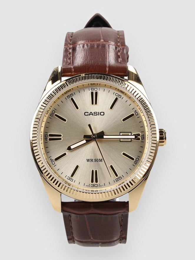 Relógio Casio Masculino Dourado Visor Champanhe Minimalista com Calendário Pulseira Couro Marrom Á Prova D'água MTP-1302PGL-9AVEF