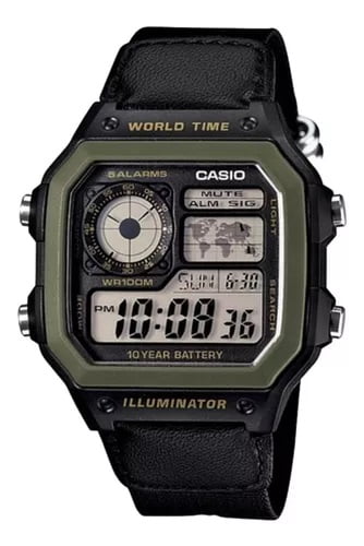 Relógio Casio Masculino Esportivo Digital Preto com Verde Quadrado em Poliuretano Á Prova D'água AE-1200WHB-1BVDF_ 3299