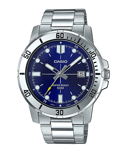 Relógio Casio Masculino Collection Prata Azul Calendáriob à prova d’água MTP-VD01D-2EVUDF 