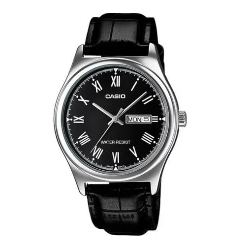 Relógio Casio Masculino Prata Couro Preto Calendário MTP-V006L-1BUDF