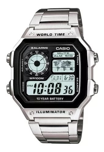Relógio Casio Masculino Prateado Digital Quadrado World Time Iluminator Com Exibição do Mapa Mundial Á Prova d'água AE-1200WHD-1AVF 