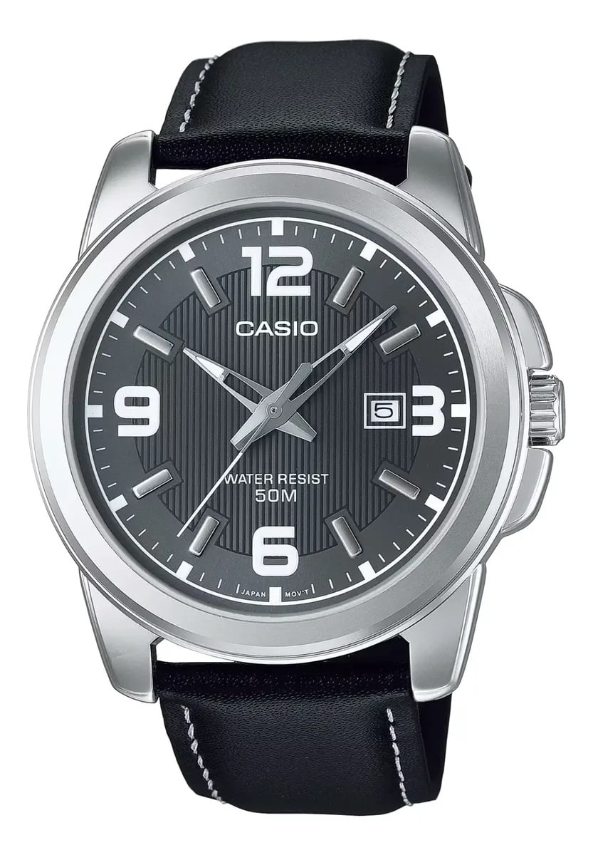 Relógio Casio Masculino Prateado Visor Cinza Escuro com Calendário Pulseira Couro Preta Á Prova D'água MTP-1314PL-8AVEF