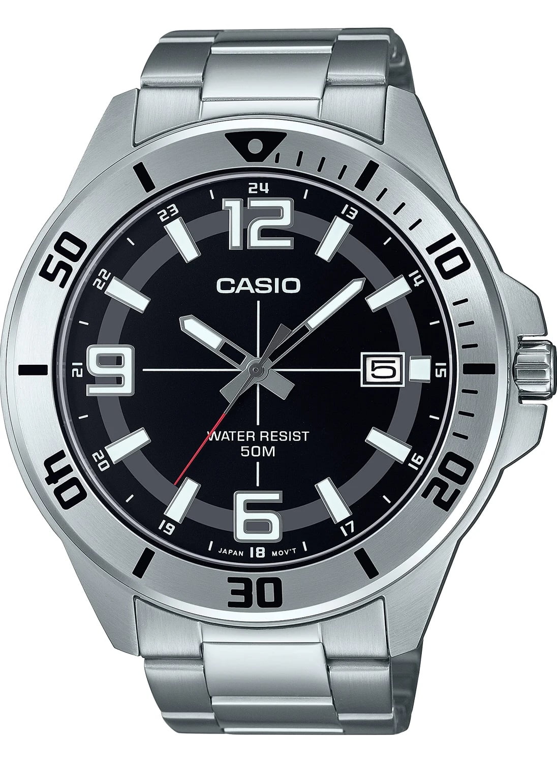 Relógio Casio Masculino Prateado Visor Preto com Calendário e Taquímetro Á Prova D'água Aço inox MTC-100D-1BVDF 5507