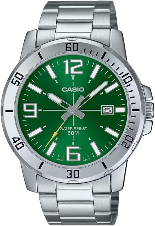 Relógio Casio Masculino Prateado Visor Verde com Calendário e Taquímetro Á Prova D'água MTP-VD01D-3BVUDF