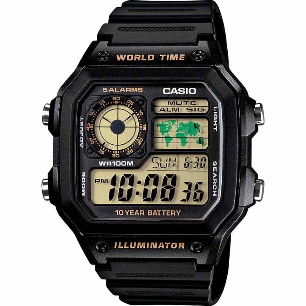 Relógio Casio Word Time Masculino Preto Digital Esportivo com Mapa Mundial em Poliuretano Quadrado Á Prova d'água AE-1200WH-1BVDF 3299