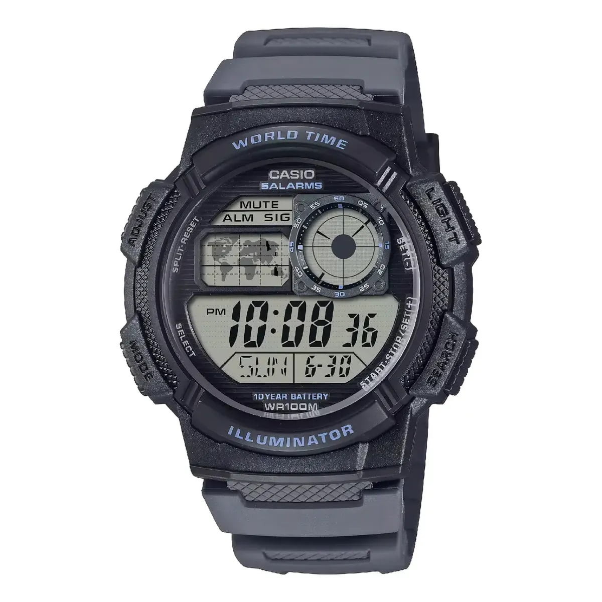 Relógio Casio Masculino Preto e Cinza Digital Esportivo World Time em Poliuretano Á Prova D'água AE-1000W-8AVDF