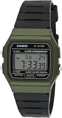 Relógio Casio Masculino Verde com Preto Digital Esportivo Quadrado em Poliuretano Á Prova d'água F-91WM-3ADF 593