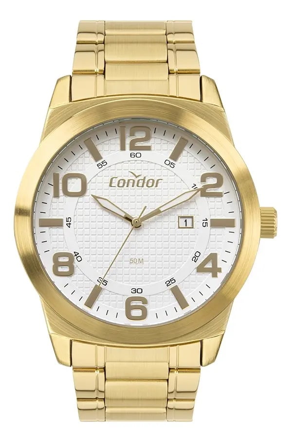 Relógio Condor Masculino Dourado Mostrador Branco com Calendário Á Prova D'água CO2115MWK/4K