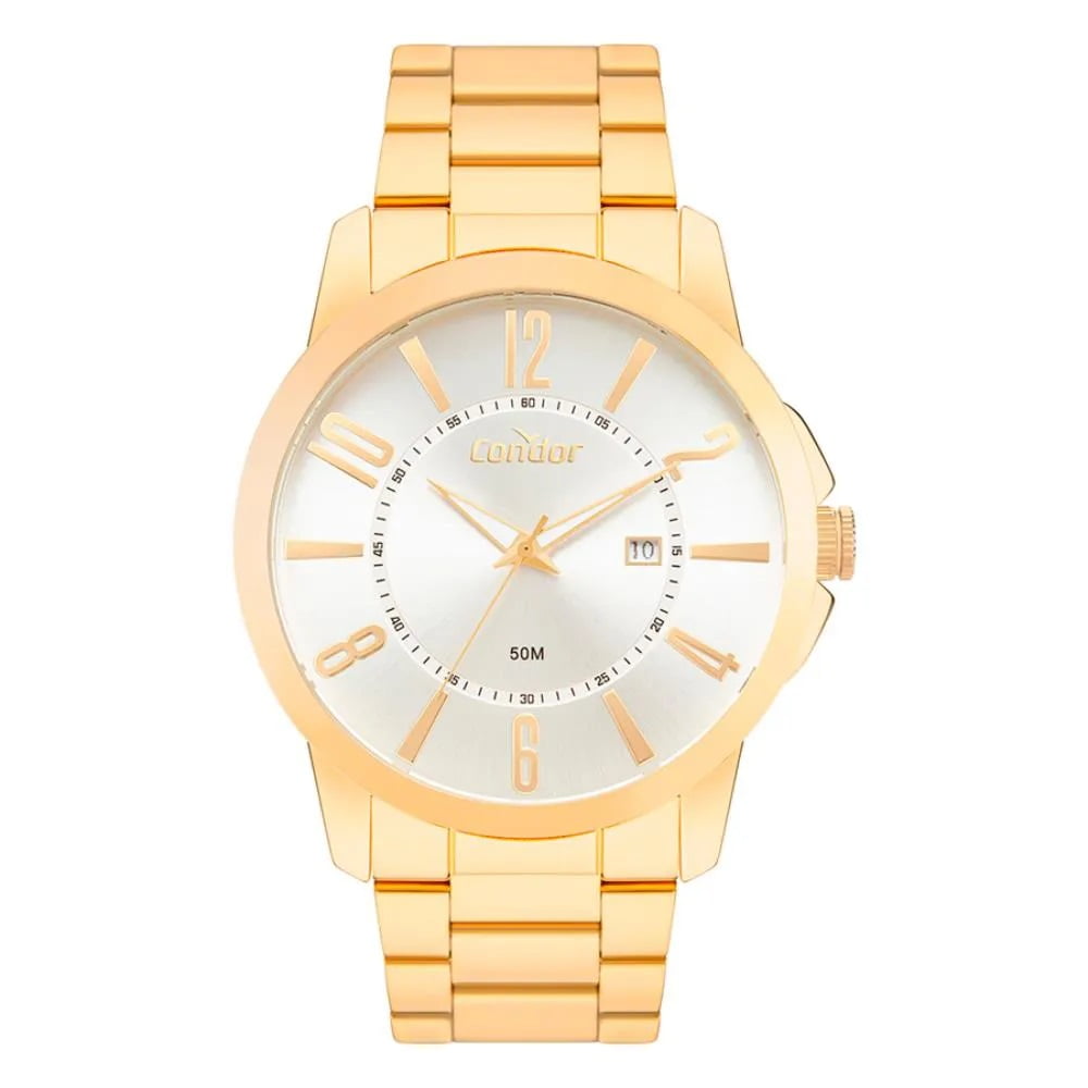 Relógio Condor Masculino Dourado Mostrador Prateado com Calendário Á Prova D'água CO2115MXB/4K