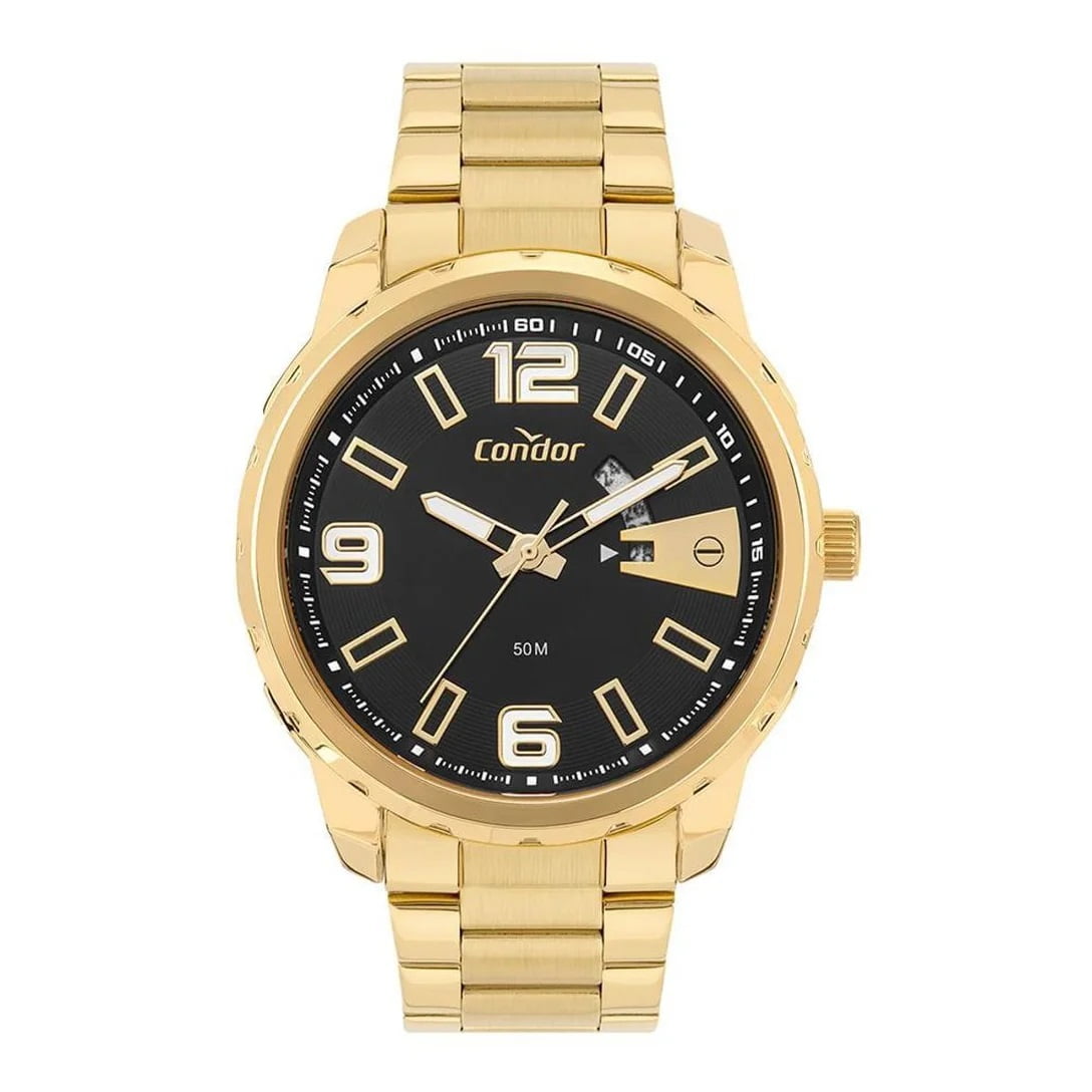 Relógio Condor Masculino Dourado Mostrador Preto com Calendário e Taquímetro Á Prova D'água CO2115NCA/4P