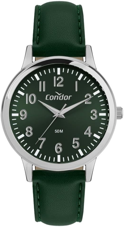 Relógio Condor Masculino Prateado Mostrador Verde Todo Numerado com Pulseira em Couro Á Prova D'água CO2035NRP/3V