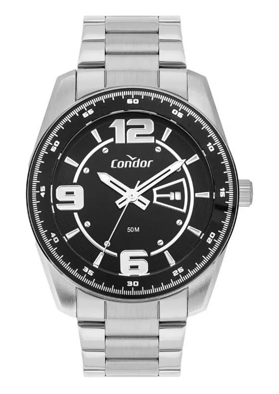 Relógio Condor Masculino Prateado Mostrador Preto com Calendário e Taquímetro Á Prova D'água CO2115MYM/4P