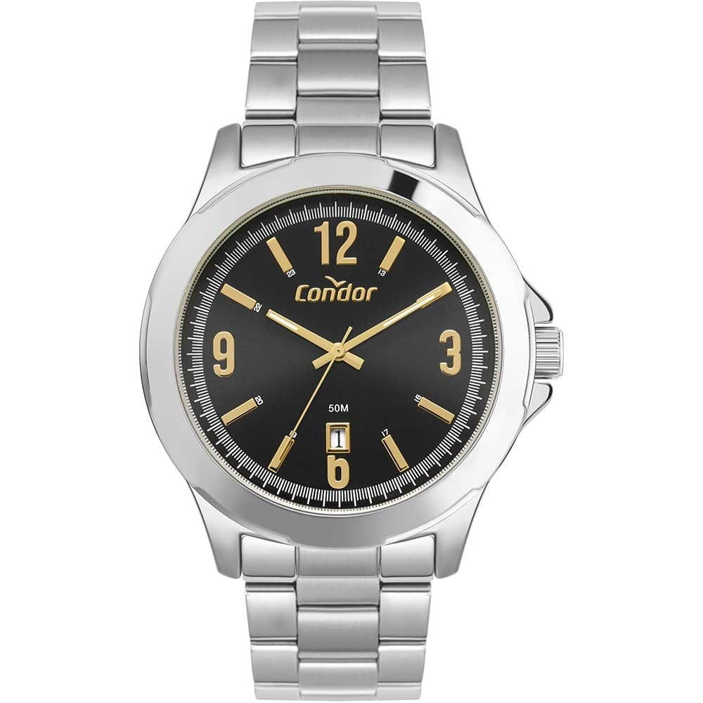 Relógio Condor Masculino Prateado Mostrador Preto com Calendário Á Prova D'água CO2115NAU/4P