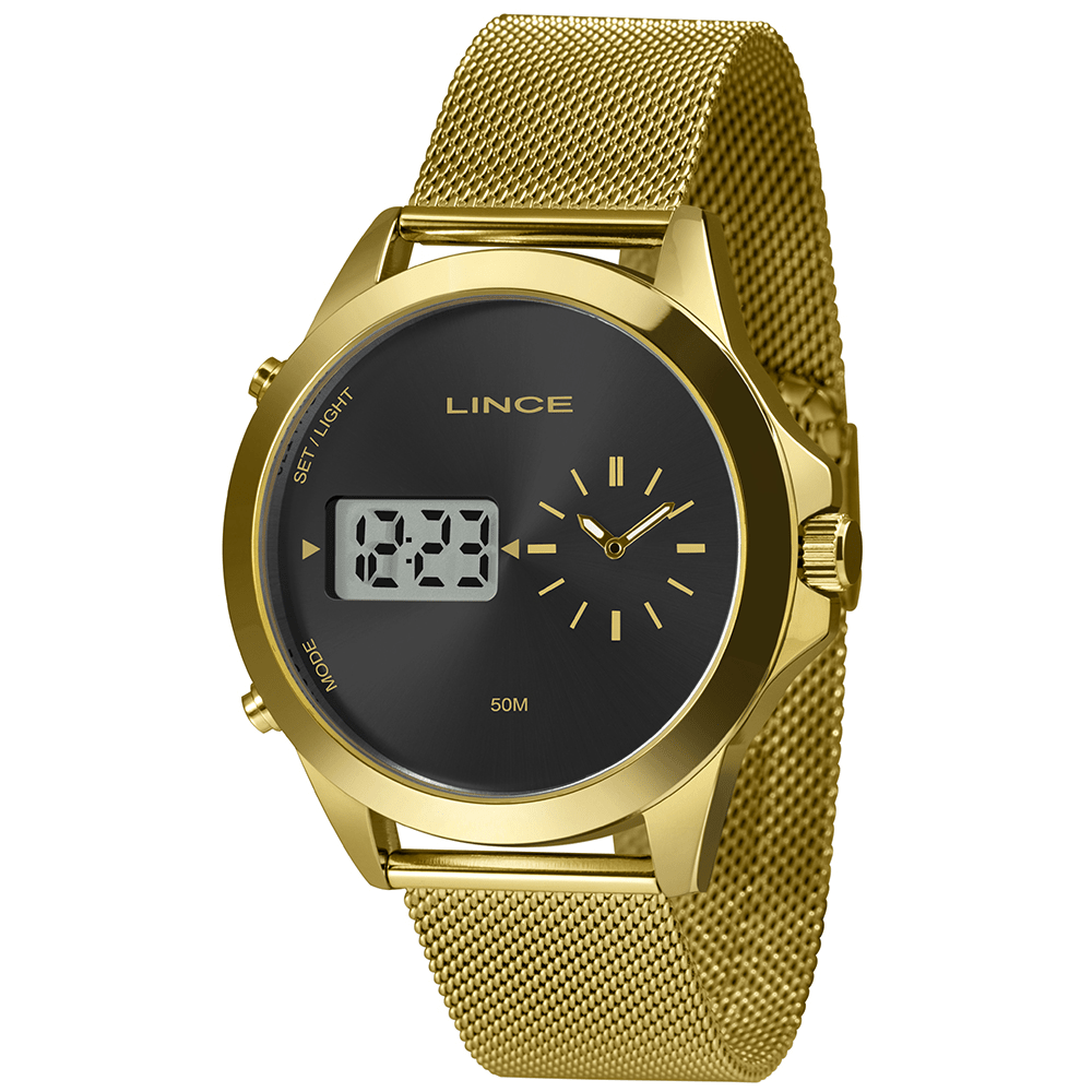 Relógio Lince Dourado Display Duplo Pulseira Milanesa Visor Preto Á Prova d'água MAG4722L