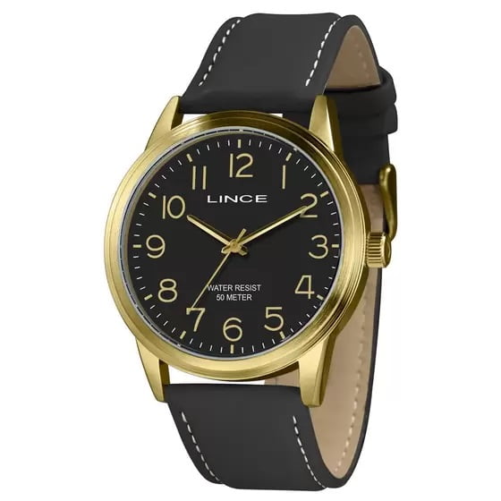 Relógio Lince Masculino Dourado Todo Numerado com Visor Preto Pulseira Preta em Couro Á Prova d'água MRCH187L46