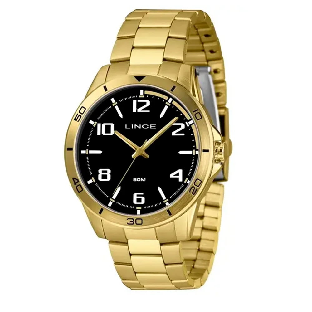 Relógio Lince Masculino Dourado com Visor Preto Á Prova D'água MRGM006L46