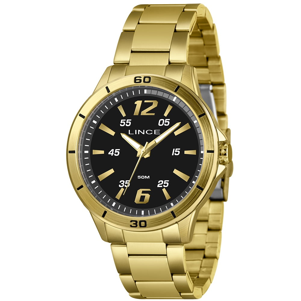 Relógio Lince Masculino Dourado com Visor Preto Á Prova D'água MRGM052L46