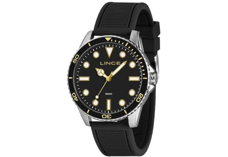 Relógio Lince Masculino Prateado com Mostrador Preto e Detalhe Dourado Pulseira em Silicone Á Prova D'água MRPM007L46