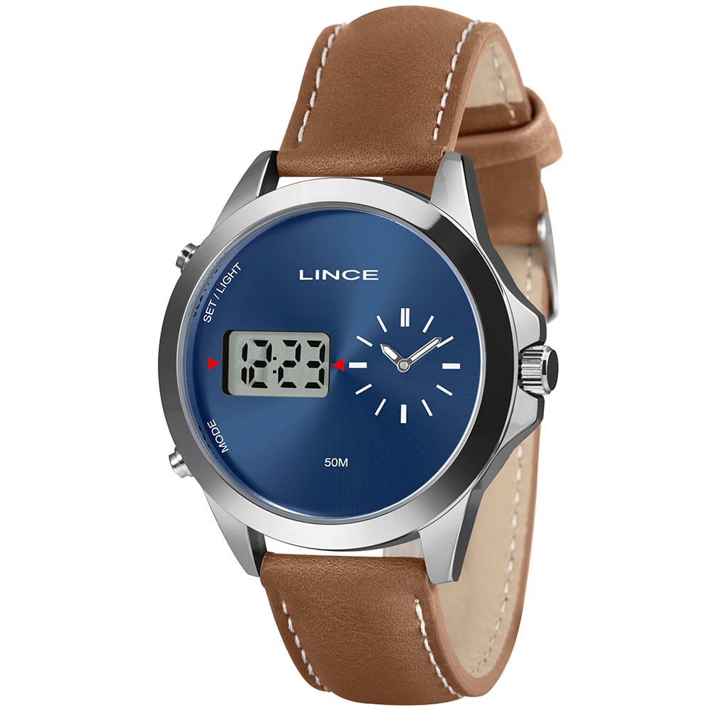 Relógio Lince Masculino Prateado Display Duplo Visor Azul com Pulseira em Couro Cacau Á Prova d'água MRC4822L46