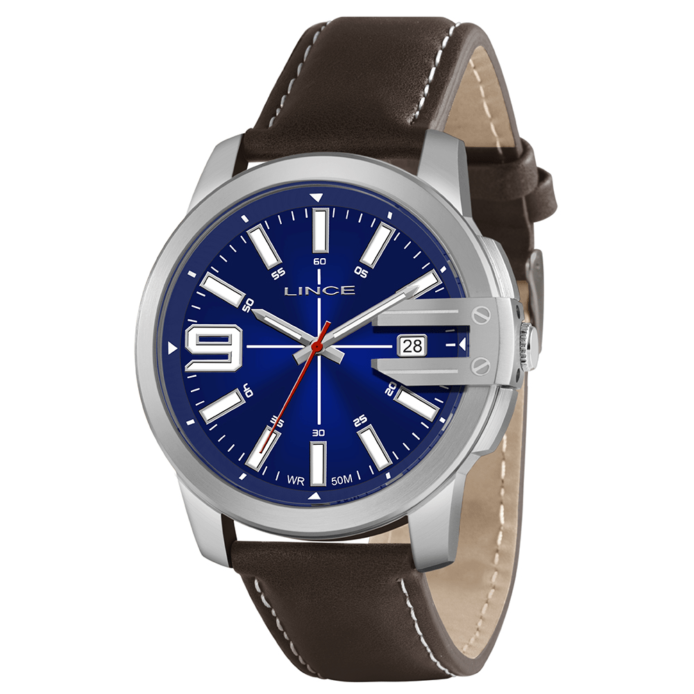 Relógio Lince Masculino Prateado Fosco Pulseira Cacau em Couro Visor Azul Marinho com Calendário Á Prova d'água MRC4708L 