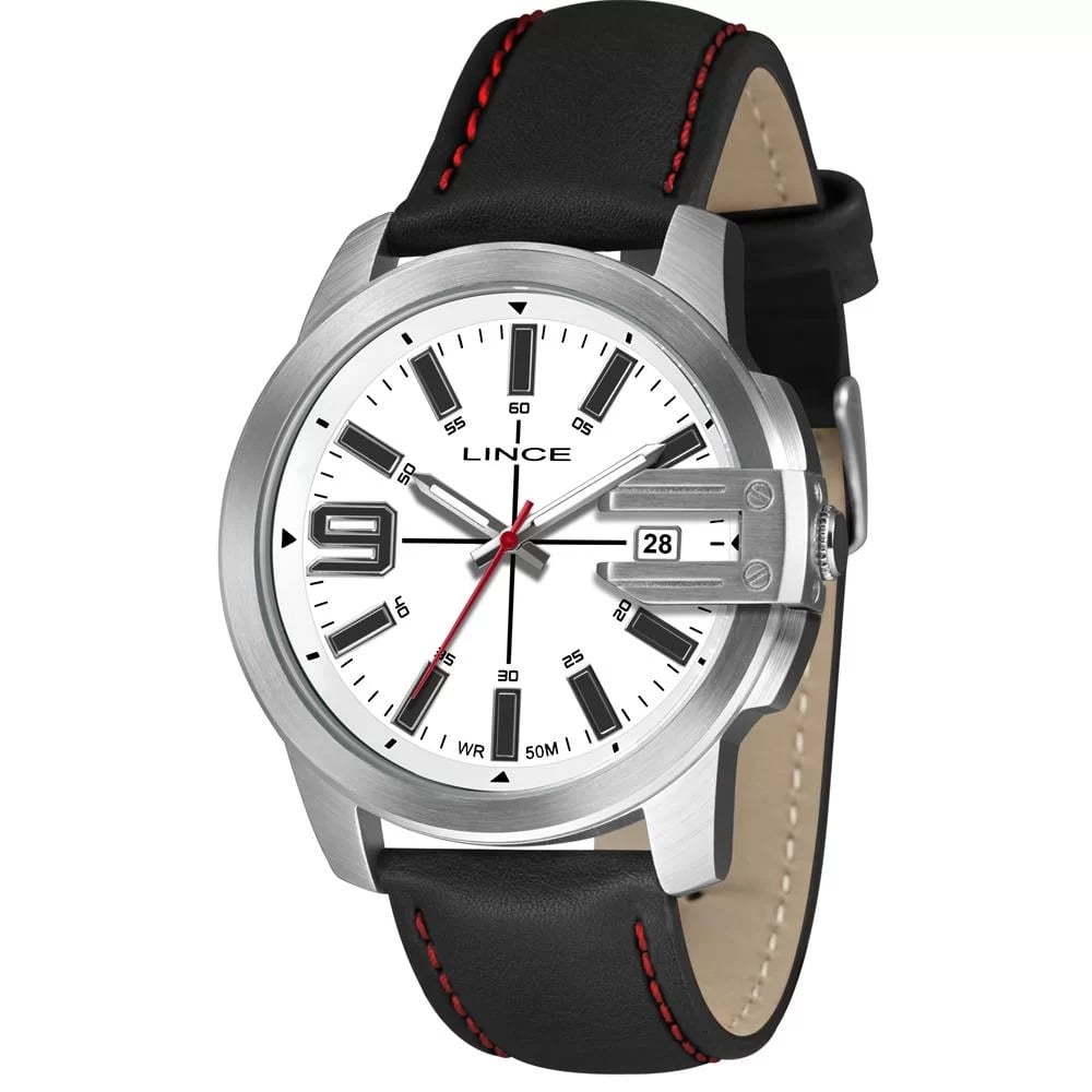 Relógio Lince Masculino Prateado Fosco Pulseira Preta em Couro Visor Branco com Calendário Á Prova d'água MRC4758L48