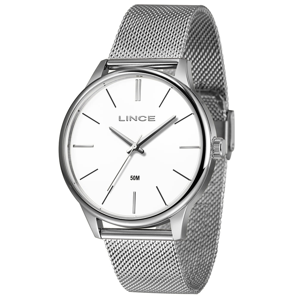Relógio Lince Masculino Prateado Minimalista Visor Branco Pulseira Milanesa Á Prova D'água MRMM019L46