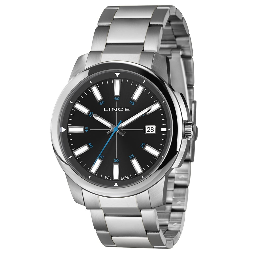 Relógio Lince Masculino Prateado Minimalista Visor Preto Com Calendário Á Prova d´água MRM4819L48