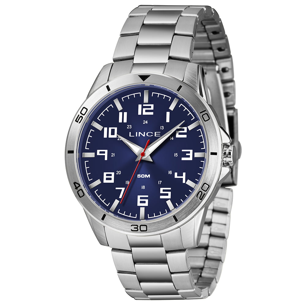 Relógio Lince Masculino Prateado Todo Numerado com Visor Azul Á Prova D'água MRMM055L46