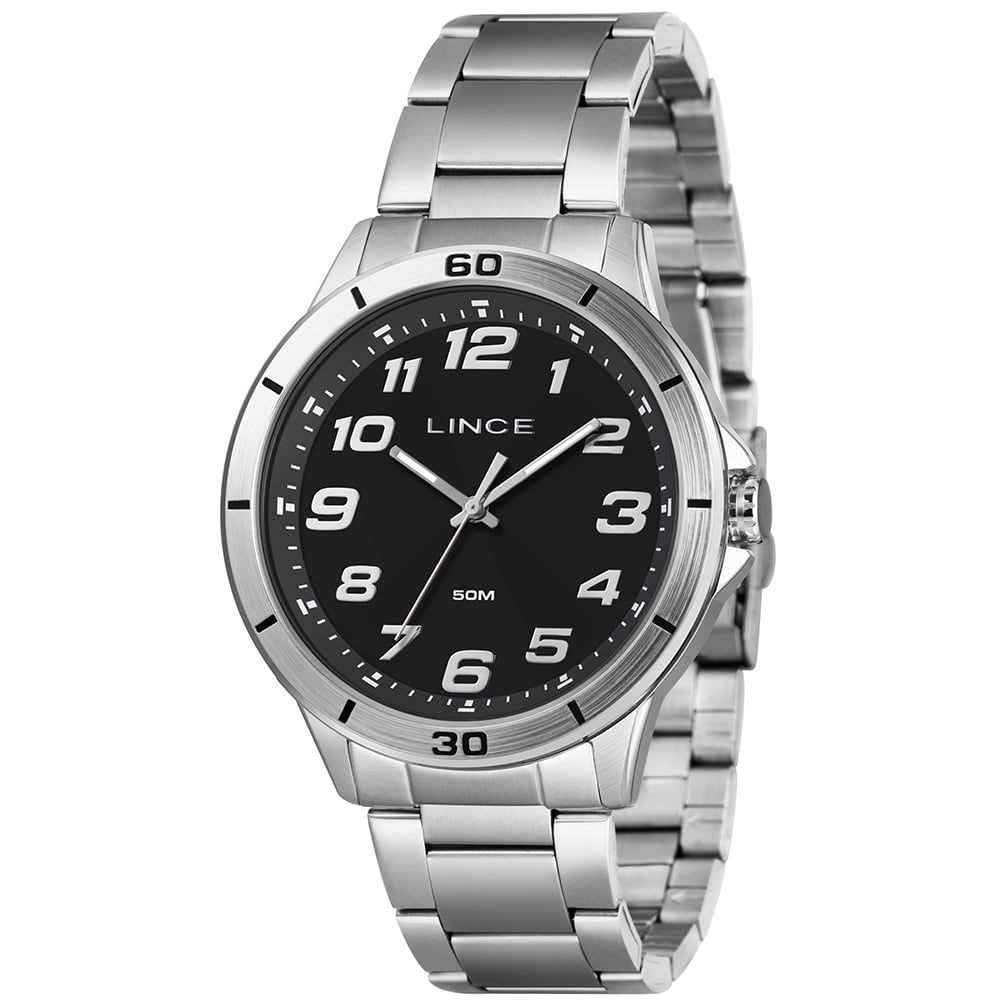 Relógio Lince Masculino Prateado Todo Numerado com Visor Preto Á Prova D'água MRMM003L46
