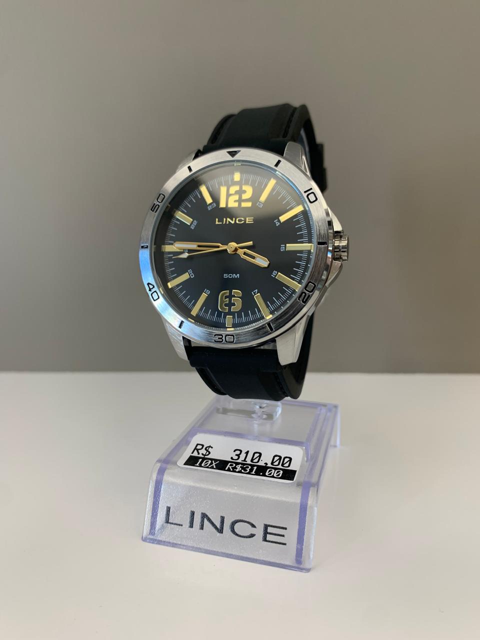 Relógio Lince Masculino Prateado Visor Preto com Pulseira em Silicone Á Prova D'água MRPM011L46