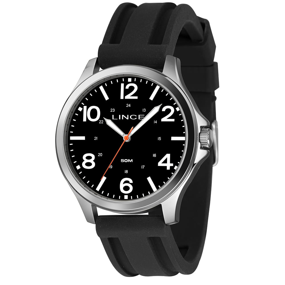 Relógio Lince Masculino Prateado Visor Preto com Pulseira em Silicone Á Prova D'água MRPM017L46