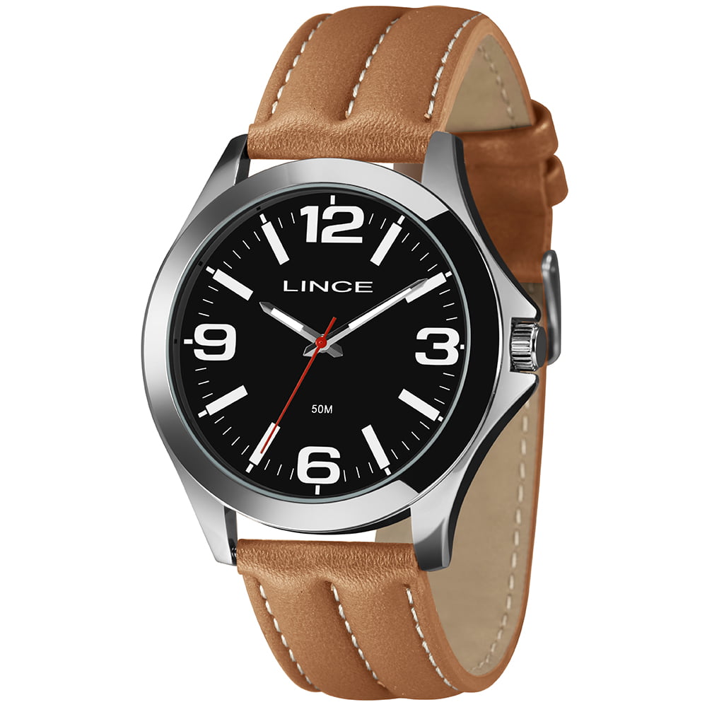 Relógio Lince Masculino Prateado Visor Preto Pulseira em Couro  Á Prova d'água MRC4753L48  