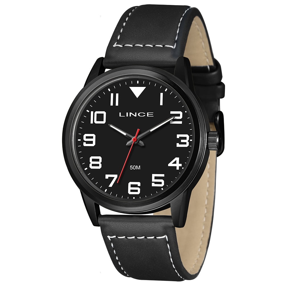 Relógio Lince Masculino Preto Mostrador e Pulseira em Couro Preta Á Prova D'água MRCH251L46