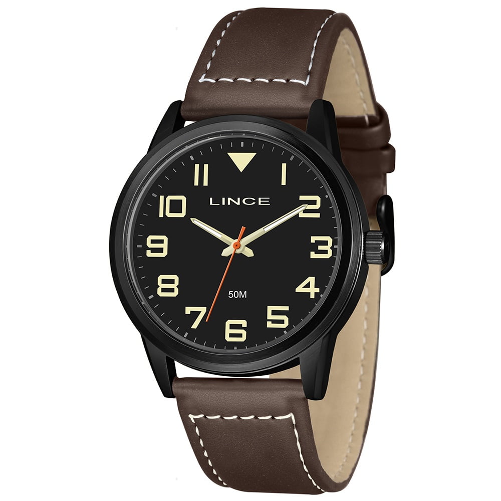 Relógio Lince Masculino Preto Mostrador Preto e Pulseira em Couro Marrom Á Prova D'água MRCH252L46