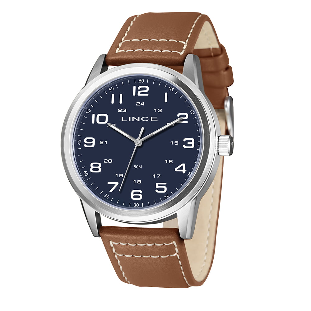 Relógio Lince Masculino Visor Azul com Numeração Completa Pulseira de Couro Á Prova D'água MRCH286L46