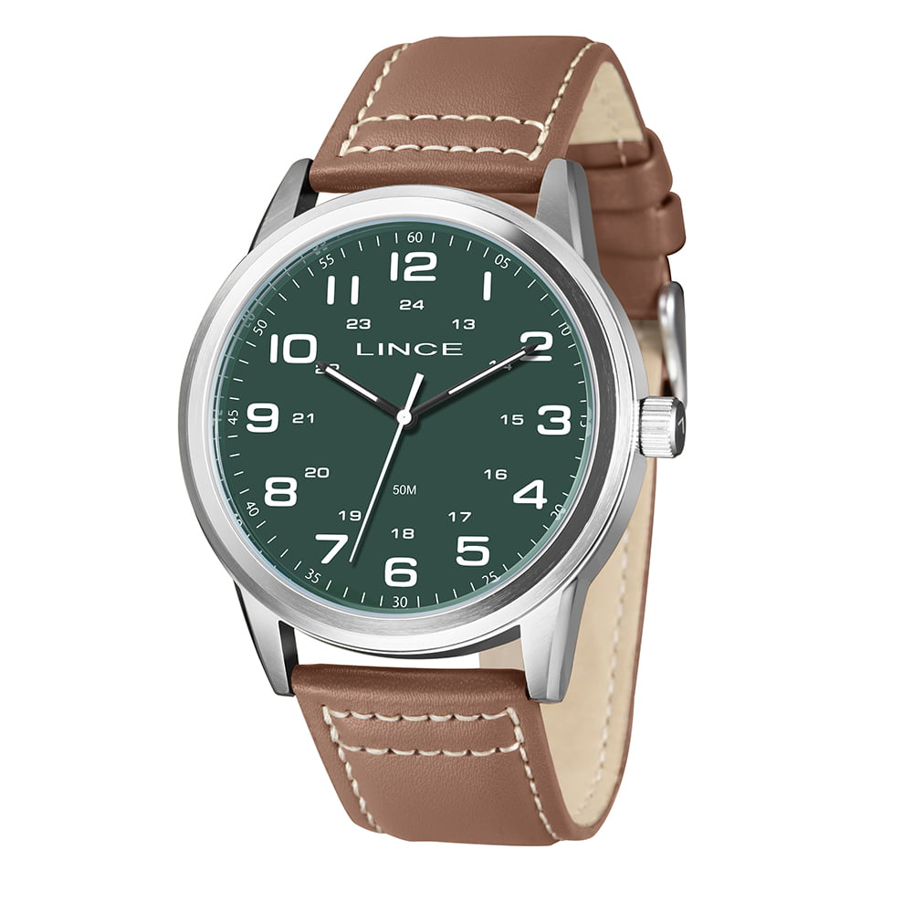 Relógio Lince Masculino Visor Verde com Numeração Completa Pulseira de Couro Á Prova D'água MRCH286L46