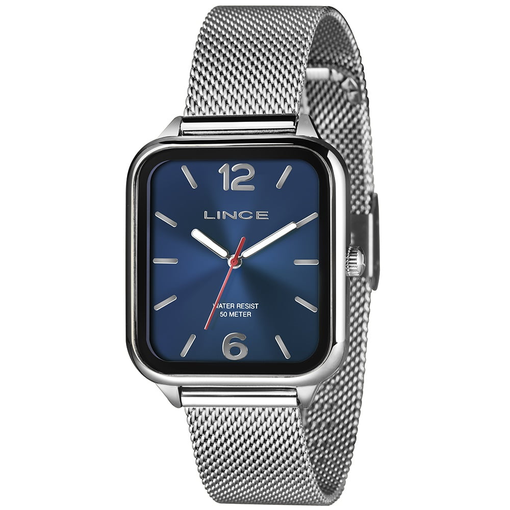 Relógio Lince Minimalista Prateado Visor Azul Pulseira Milanesa MQMH213L34