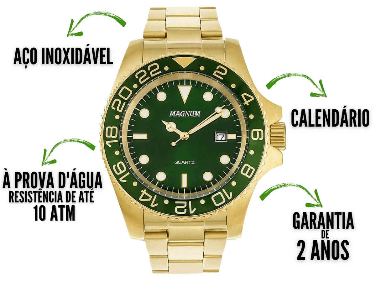 Relogio Magnum Masculino Dourado Visor Verde Calendario Ma32934g + Carteira  no Shoptime