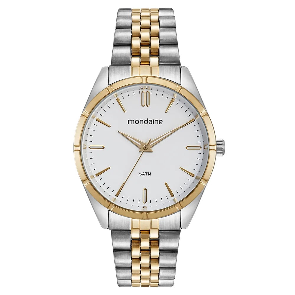 Relógio Mondaine Bicolor Dourado e Prateado Minimalista com Pulseira Presidente Á Prova d'água 32567GPMVBE3