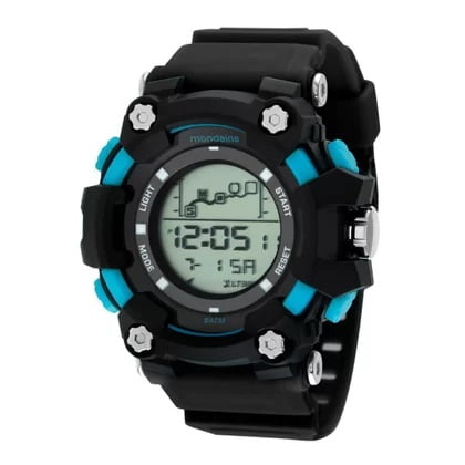Relógio Mondaine Digital Preto Masculino Esportivo com Detalhe Azul no Mostrador e Pulseira Preta Á Prova d'água 85019G0MVNP2 